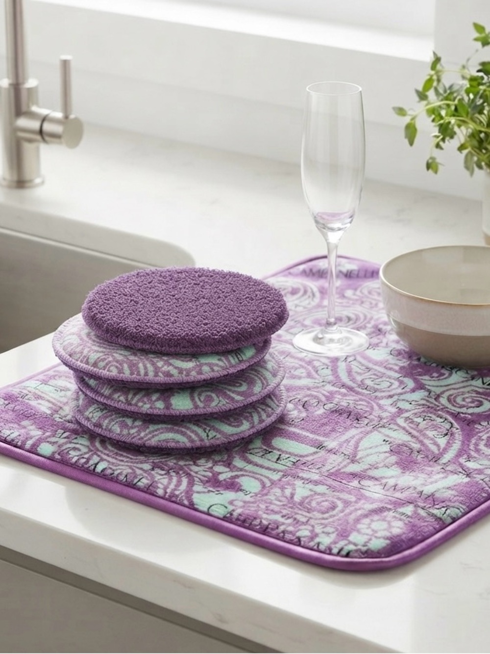 CAMPANELLI® Microfiber Large Drying Mat & 4 Scouring Sponges Purple Paisley NEW